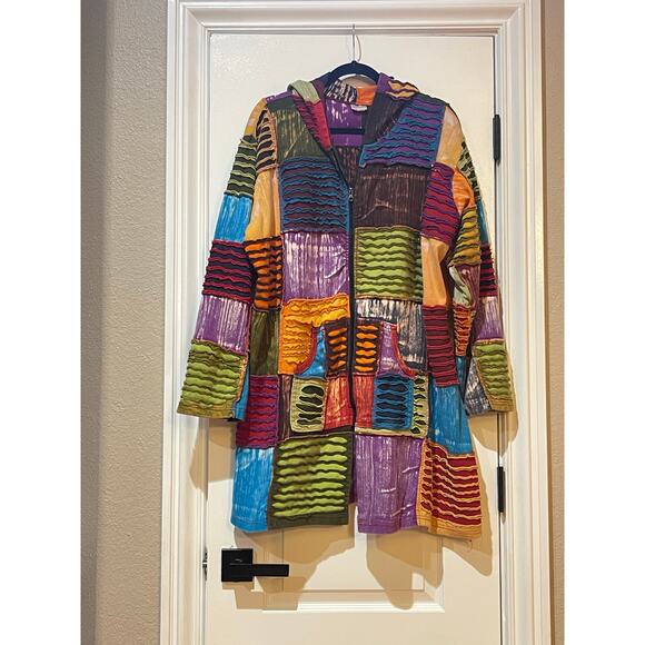 Women's Patchwork Colors BOHO Zip Hoodie 3/4 Length Plus Size - Picture 2 of 7